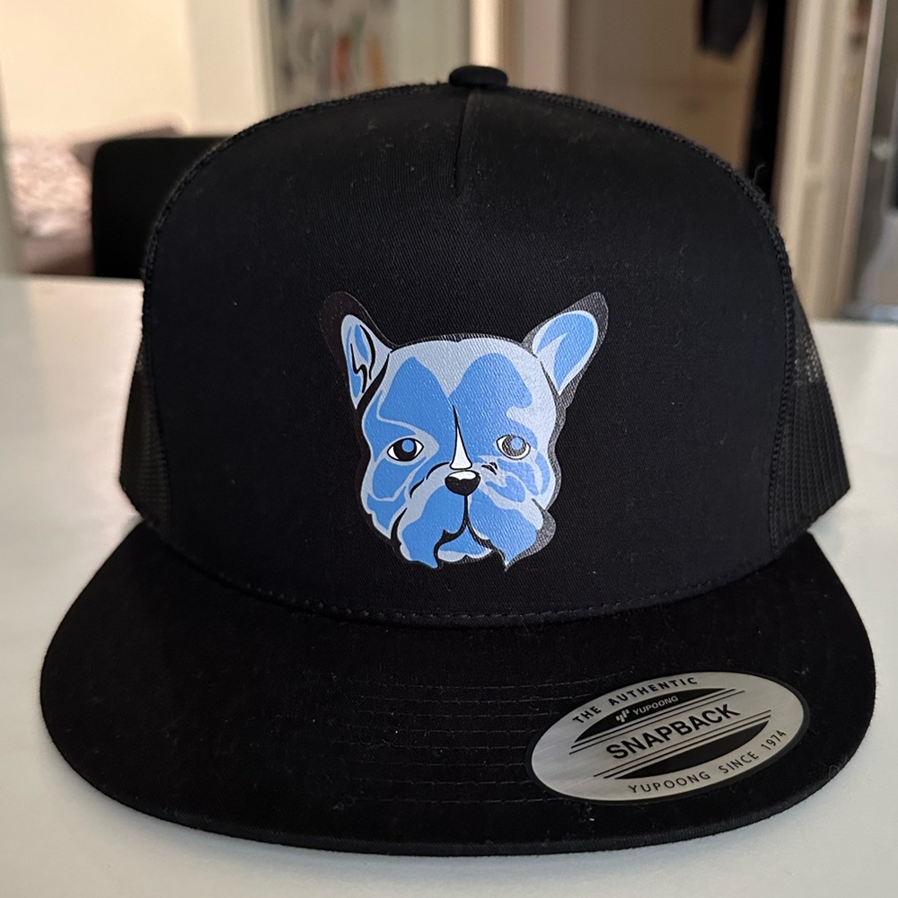 Classic Trucker Cap In Black, Frenchie Design Front By DM13